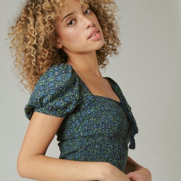 Lucky Brand Smocked Short Sleeve Square Neck Puff Sleeve Top Boho Chic Sz L NWT - Picture 1 of 10